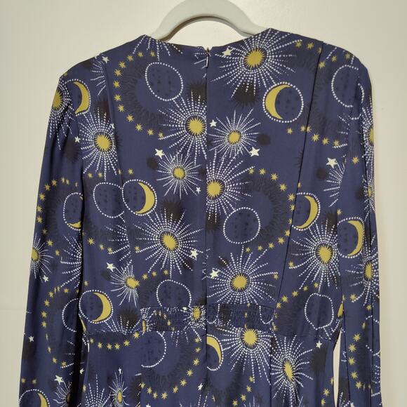 Whistles Women's Sz 10 Navy Gold Celestial Print Stars Moons Dress Long Sleeve - Picture 9 of 11
